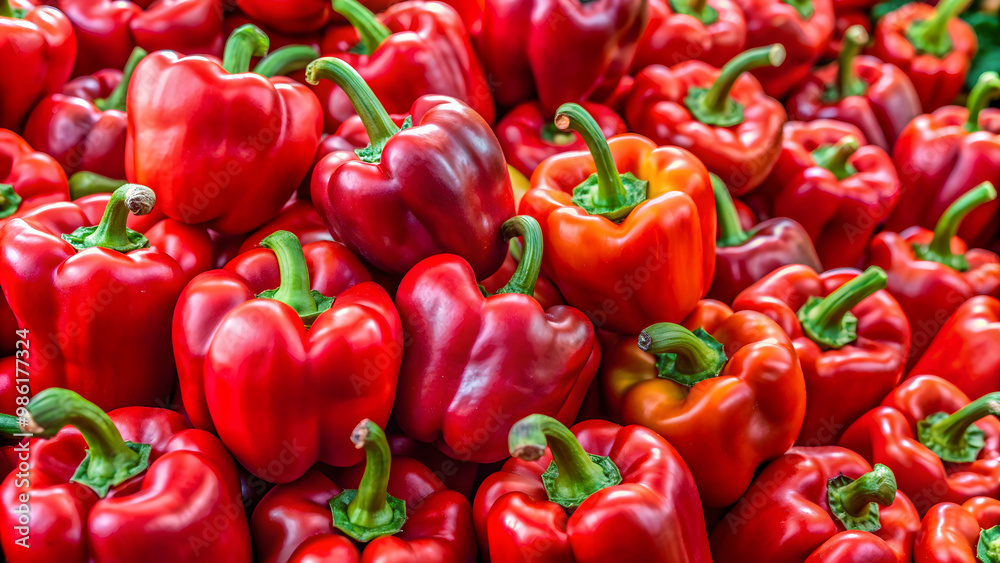 Vibrant red bell peppers on display, fresh, organic, vegetables, colorful, farm, market, produce, cooking, healthy, nutrition Vibrant red bell peppers on display, fresh, organic, vegetables, colorful, farm, market, produce, cooking, healthy, nutrition