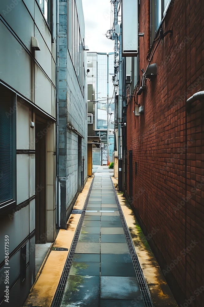Narrow Alleyway in Japan with Brick Wall and Concrete