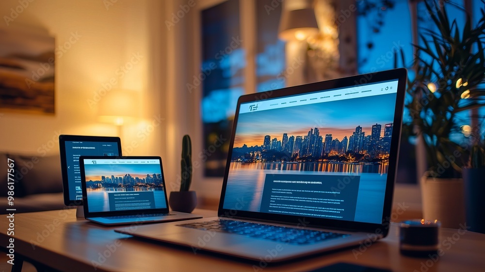 A cozy workspace featuring a laptop and tablet showcasing a city skyline at dusk, perfect for modern digital work. A cozy workspace featuring a laptop and tablet showcasing a city skyline at dusk, perfect for modern digital work.
