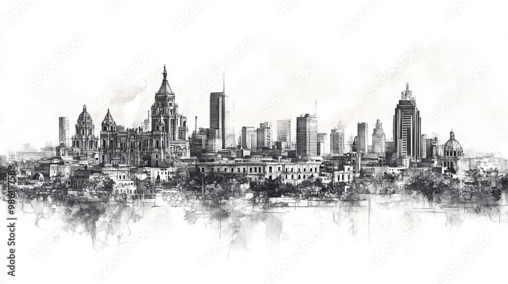 Obraz premium Chihuahua, Mexico, black and white pen pencil hand-drawn effect drawing illustration for travel poster, card, wallpaper, backdrop or banner. Modern, clear, artistic and simple