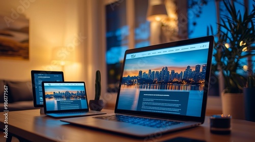 A cozy workspace featuring a laptop and tablet showcasing a city skyline at dusk, perfect for modern digital work.