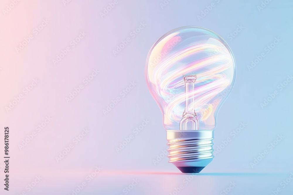 A single lightbulb with iridescent swirls against a gradient background. A single lightbulb with iridescent swirls against a gradient background.