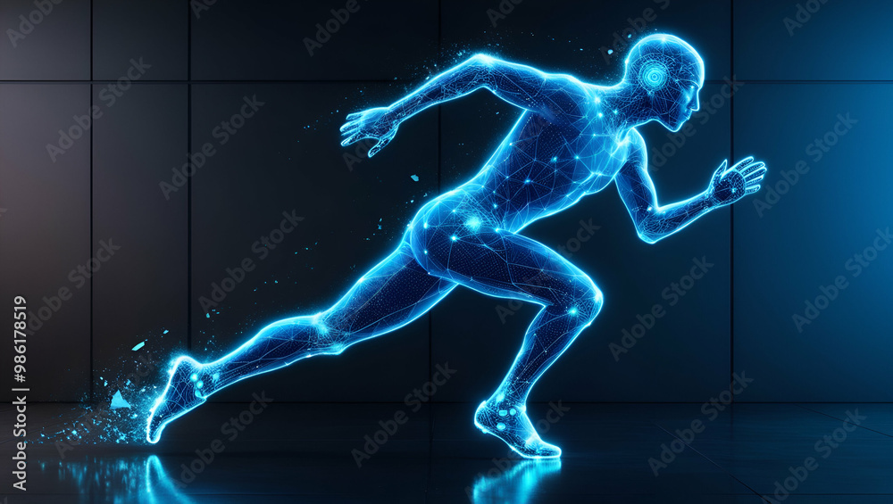 Fototapeta premium Running man digital art, silhouette of running person/ Glowing figure of runner/ Sport, Motivation, speed and health concept abstract background 