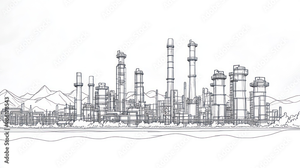 Hand drawn illustration of a refinery in a mountain valley. Hand drawn illustration of a refinery in a mountain valley.