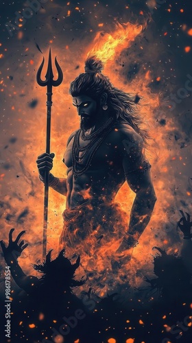 Shiva in battle with Asuras, his flaming trident slicing through the darkness as demons fall before him, Shiva, destroyer, mythological battle photo