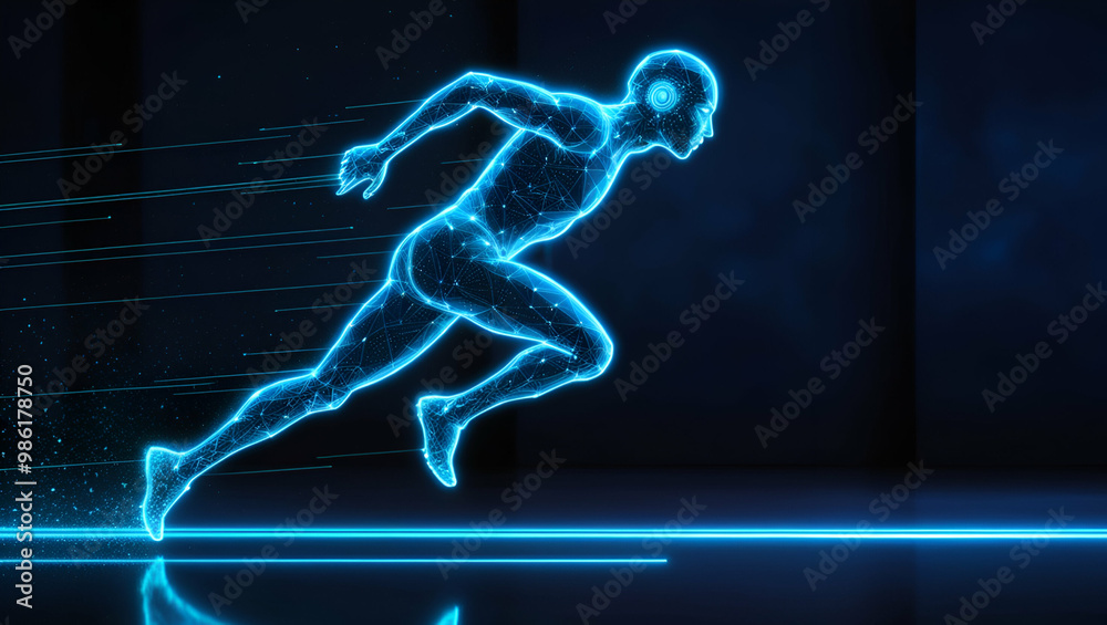Fototapeta premium Running man digital art, silhouette of running person/ Glowing figure of runner/ Sport, Motivation, speed and health concept abstract background 