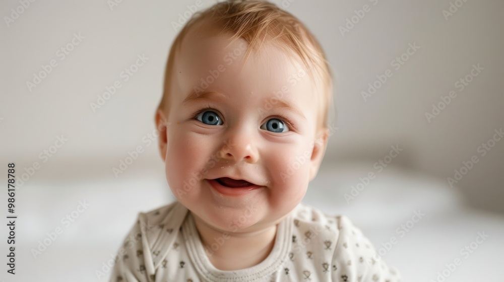 Cute baby boy wearing a onesie, smiling at the camera Cute baby boy wearing a onesie, smiling at the camera
