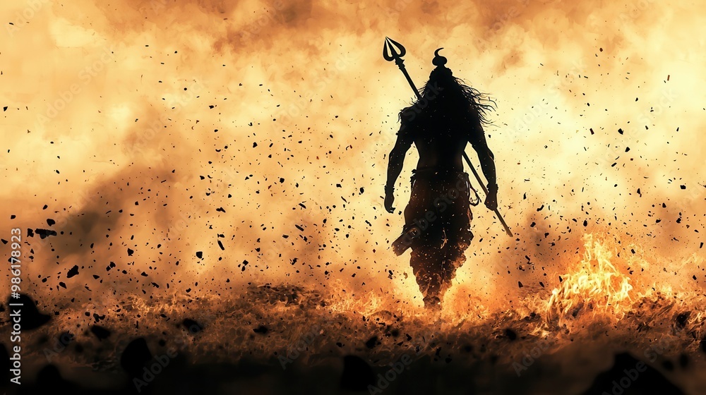 Shiva In His Fierce Aghori Form Walking Through A Battlefield Flames 