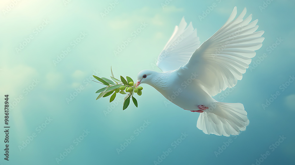 Fototapeta premium Peaceful dove soaring with an olive branch