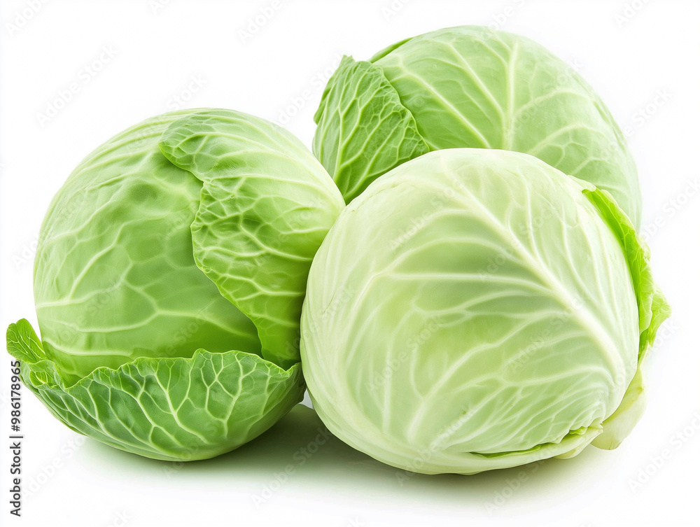 Two large green cabbage heads sit on a white background Two large green cabbage heads sit on a white background