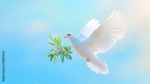 Wallpaper Mural Peaceful dove soaring with an olive branch against a blue sky Torontodigital.ca