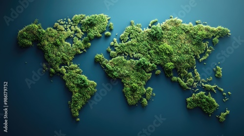 A mossy, green world map on a blue background, representing the intersection of technology and nature.