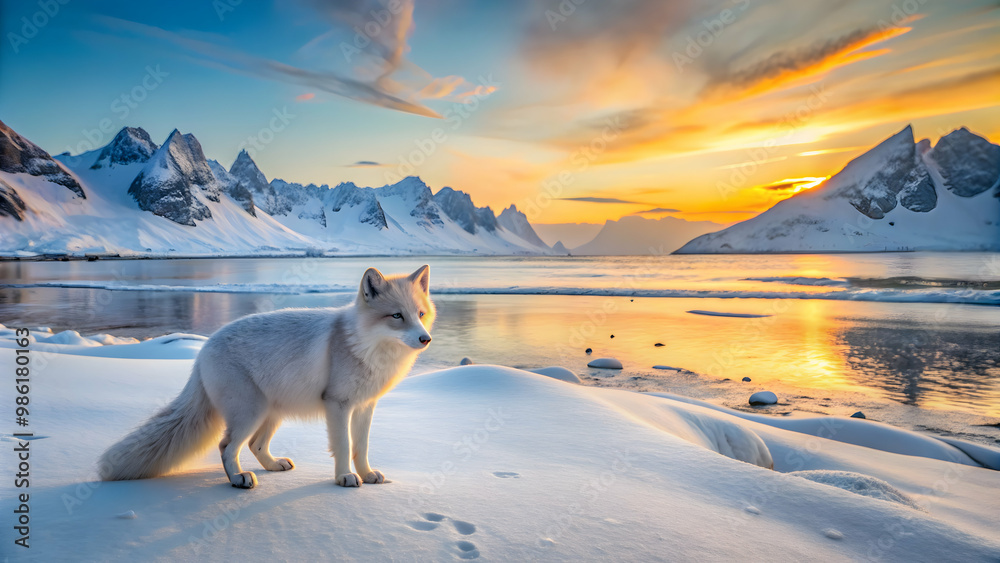 Arctic fox on stunning winter morning scenery at Uttakleiv beach in ...