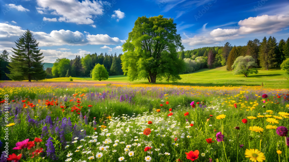 Obraz premium Spring meadow filled with colorful flowers surrounded by lush trees in Masuria, Poland , Spring, meadow, flowers, trees
