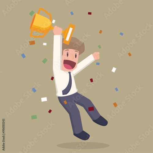Businessman jumping holding trophy. golden cup and confetti. Business online achievements. Get reward and celebrate. Partnership and teamwork. business success, leadership, awards.llustration.vector