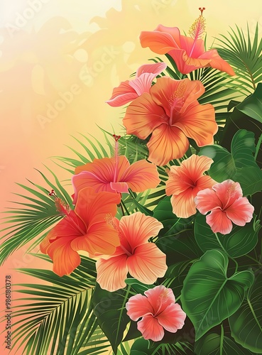 Tropical Hibiscus Flowers and Palm Leaves Illustration