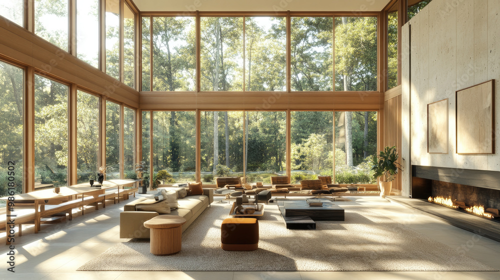 A large open living room featuring mid-century modern furniture, a fireplace, and expansive windows that let in plenty of natural light. The space is serene and stylish.