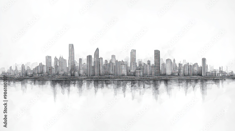 Obraz premium Chongqing, China, black and white pen pencil hand-drawn effect drawing illustration for travel poster, card, wallpaper, backdrop or banner. Modern, clear, artistic and simple