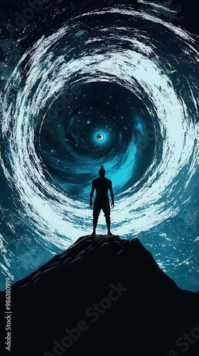 Shiva standing on the edge of a black hole, his third eye glowing as he watches the universe collapse into nothingness, Shiva, black hole, destroyer