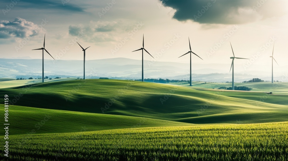 A serene landscape featuring rolling green hills and wind turbines, symbolizing renewable energy and sustainability under a cloudy sky. A serene landscape featuring rolling green hills and wind turbines, symbolizing renewable energy and sustainability under a cloudy sky.