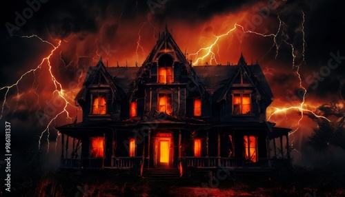 A dark Victorian mansion stands illuminated by the ominous glow of its windows as lightning strikes across the night sky. The eerie atmosphere, intensified by the storm, suggests an abandoned haunted photo