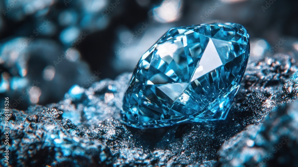 Close-up of a large, brilliant, blue gemstone on a bed of sparkling, dark crystals. Close-up of a large, brilliant, blue gemstone on a bed of sparkling, dark crystals.