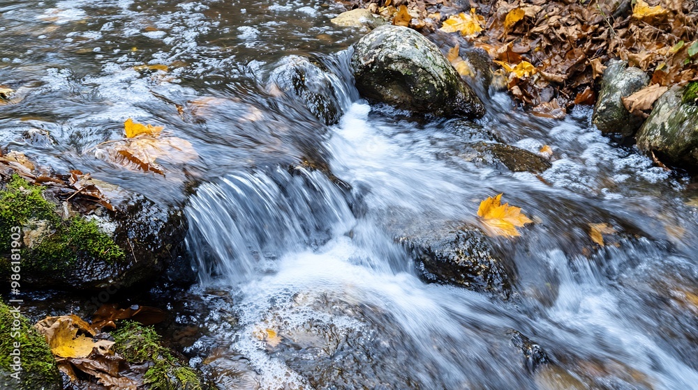 Autumn leaves floating on a rushing stream with rocks and moss Autumn leaves floating on a rushing stream with rocks and moss