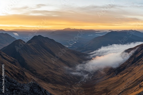 Mountain Range Panorama Sunrise Golden Hour Peaks. Panoramic Mountains Landscape Background.