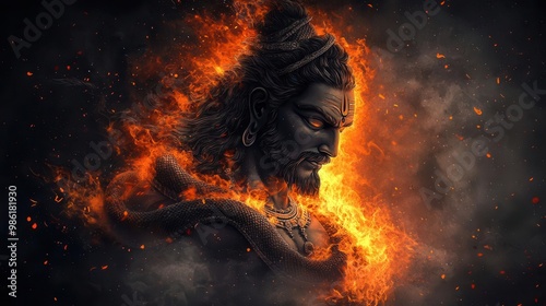 Shiva with his snake Vasuki wrapped around him, surrounded by swirling flames, symbolizing the end of time, Shiva, destroyer, end of time