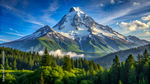 A breathtaking view of a majestic mountain peak surrounded by lush greenery and clear blue skies, beauty, Mount, mountain