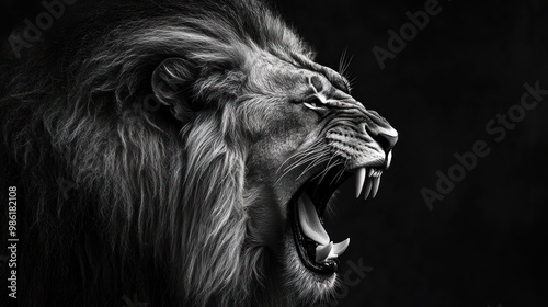 Close-up of a roaring lion's face in black and white, showing sharp teeth and a powerful expression.