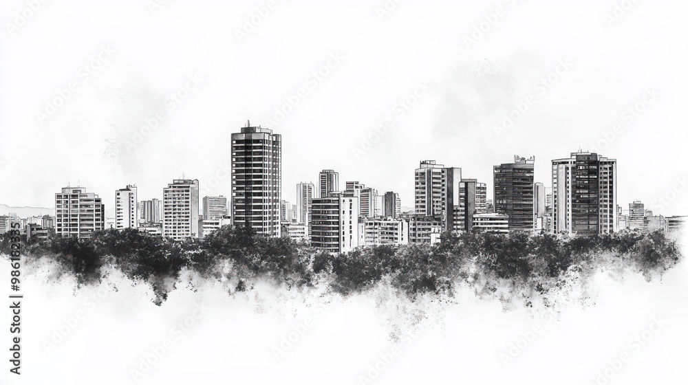 Obraz premium Ciudad del Este, Paraguay, black and white pen pencil hand-drawn effect drawing illustration for travel poster, card, wallpaper, backdrop or banner. Modern, clear, artistic and simple