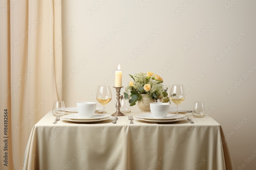 A serene and peaceful dinner table for a couple's tranquil escape, surrounded by soft-colored curtains that exude an aura of tranquility and harmony. A serene and peaceful dinner table for a couple's tranquil escape, surrounded by soft-colored curtains that exude an aura of tranquility and harmony.