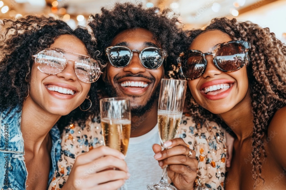 Cheers to Friendship: Three diverse friends raise their champagne flutes, radiating genuine joy and camaraderie in a celebratory moment captured in a candid selfie. T Cheers to Friendship: Three diverse friends raise their champagne flutes, radiating genuine joy and camaraderie in a celebratory moment captured in a candid selfie. T