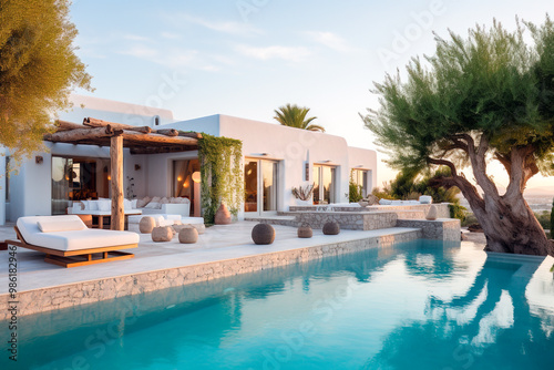luxury white stone villa with swimming pool. Mediterranean vacation 