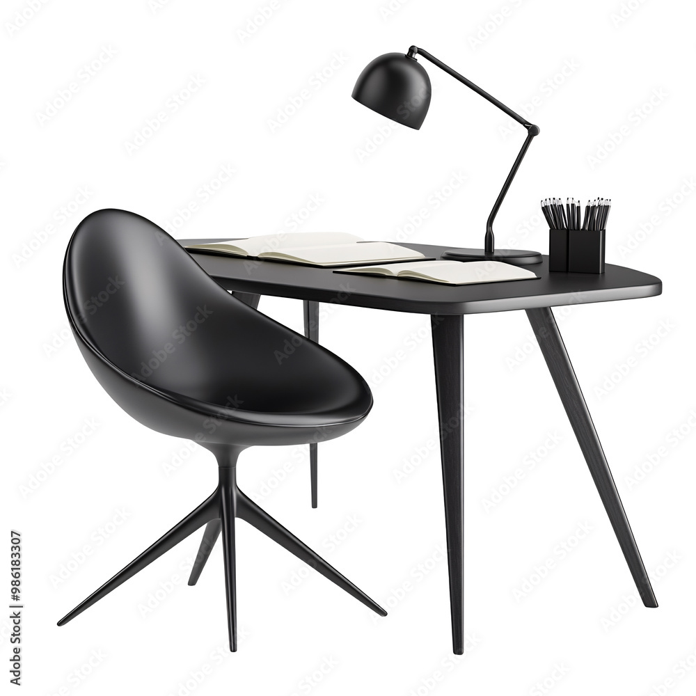 Stylish black desk with sleek chair and desk lamp, perfect for a modern workspace. Stylish black desk with sleek chair and desk lamp, perfect for a modern workspace.