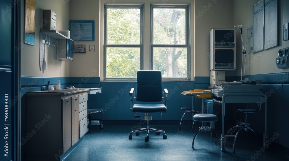 Empty medical examination room with a blue chair and a window view of trees. Empty medical examination room with a blue chair and a window view of trees.
