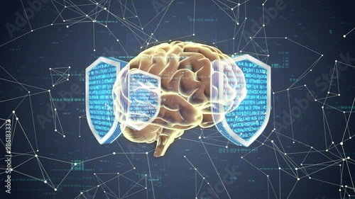 concept of security, brain health and information technology data, animation of a hologram of a human brain surrounded by a rotating shield