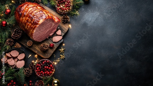 'delicious ham grey table top view space text christmas nner background baked celebration cooked copy cut dinner dish eat eve feast festive flat food fresh glazed epicure holiday homemade ingredient'