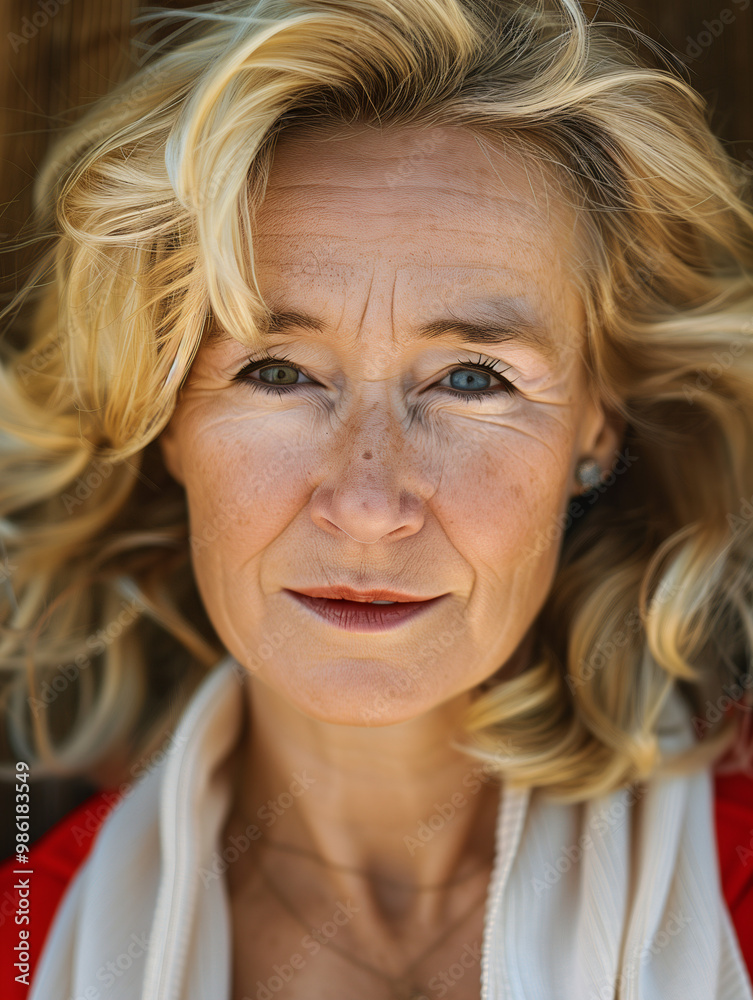 Close-up portrait of a confident senior woman with blonde hair outdoors