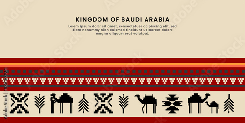 Web Traditional Saudi Arabian Pattern Design - Vector Banner with Cultural Symbols and Camel Motifs