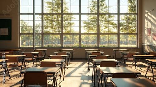 A secondary school classroom with sunlight streaming through large windows, casting soft shadows on empty desks and chairs. The room has a serene, cinematic feel, 