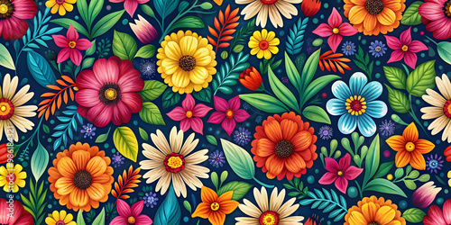 Seamless floral pattern with bright colorful flowers and leaves, floral, seamless, pattern, vibrant, colorful, flowers