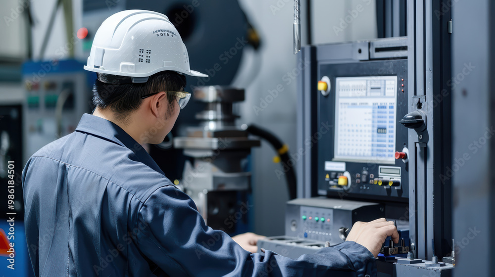 A technician operates CNC machine in modern manufacturing facility, wearing safety gear and focused on control panel. environment is industrial and high tech, emphasizing precision and safety A technician operates CNC machine in modern manufacturing facility, wearing safety gear and focused on control panel. environment is industrial and high tech, emphasizing precision and safety