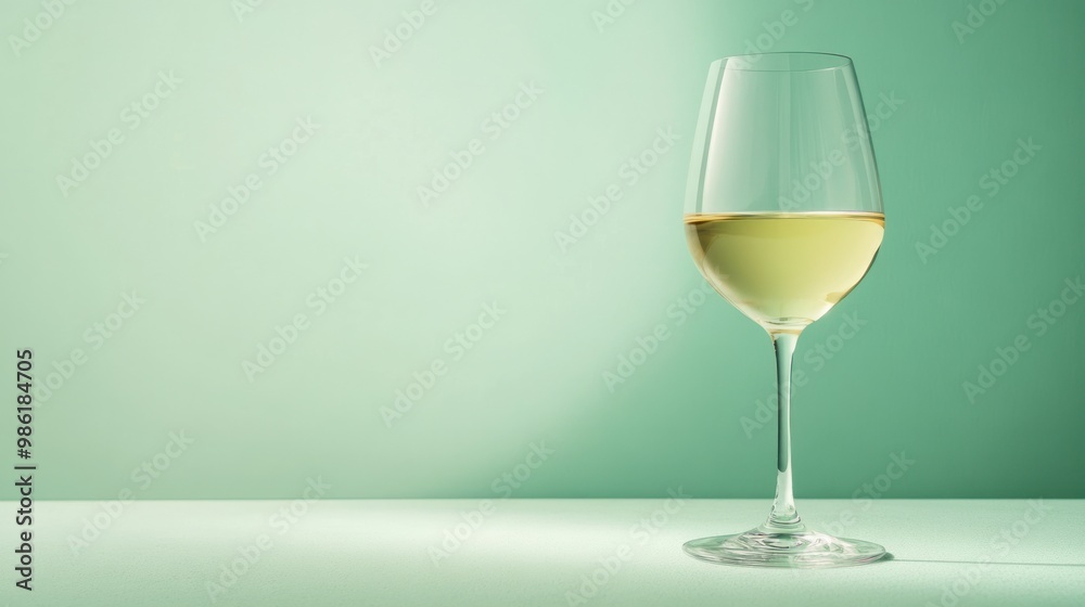 A glass of white wine on a soft mint pastel background, minimalist design with clean lines and subtle light. A glass of white wine on a soft mint pastel background, minimalist design with clean lines and subtle light.