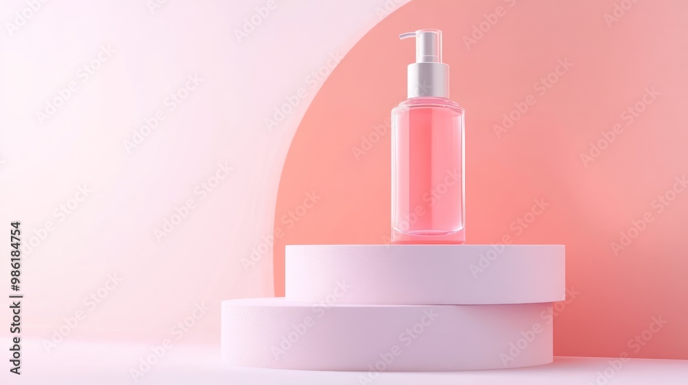 Minimalist pink background with a pump bottle on a podium. Minimalist pink background with a pump bottle on a podium.