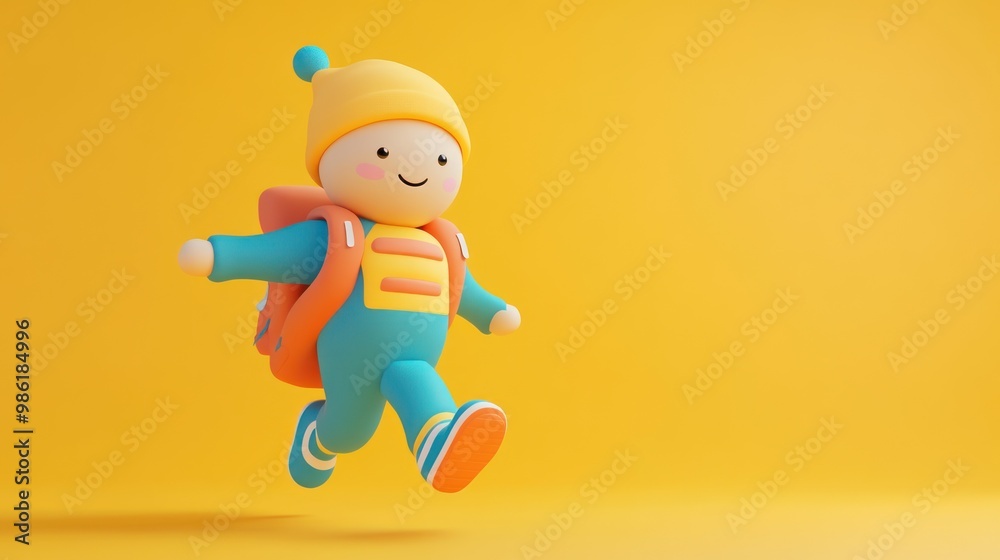 A 3D rendered illustration of a cartoon character wearing a yellow hat and carrying a backpack, running on a yellow background. A 3D rendered illustration of a cartoon character wearing a yellow hat and carrying a backpack, running on a yellow background.