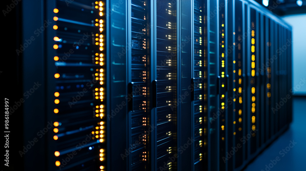 modern data technology center with rows of server racks in a dark room ...