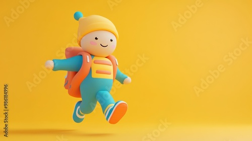 A 3D rendered illustration of a cartoon character wearing a yellow hat and carrying a backpack, running on a yellow background.