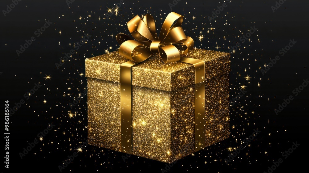 golden gift box with ribbon on black background and glitter. Christmas and birthday background. transparent background golden gift box with ribbon on black background and glitter. Christmas and birthday background. transparent background